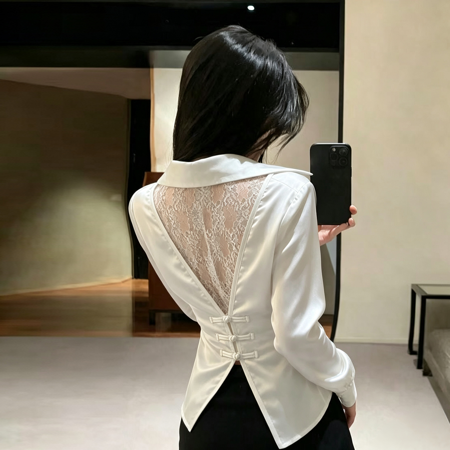 设计感后背蕾丝拼接百搭衬衫气质掐腰修身显瘦长袖衬衣 服裝批發女裝批發服飾貨源