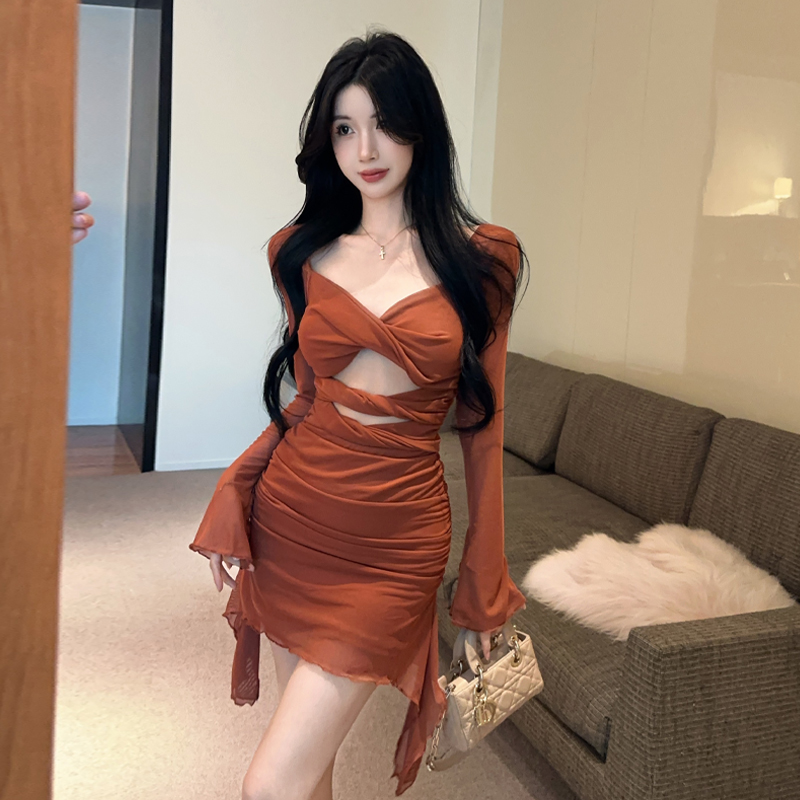 性感辣妹设计感镂空微透包臀裙时尚长袖纯色修身连衣裙 服裝批發女裝批發服飾貨源
