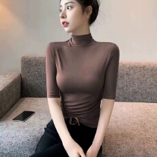 批发200克人棉中<b class='q'>袖</b>半高领打底衫女春秋季新款大码修身内搭五分<b class='q'>袖</b><b class='q'>上衣</b>