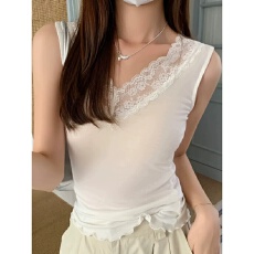 批发春夏季<b class='q'>甜美</b>风V领蕾丝拼接木耳边吊带背心女大码性感修身无袖T恤