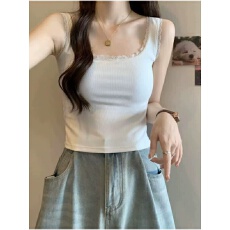 批发40支92棉春夏季新款短款<b class='q'>露</b><b class='q'>脐</b>方领<b class='q'>吊带</b><b class='q'>背心</b>女蕾丝边纯欲风打底上衣