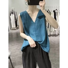 批发夏季新款<b class='q'>棉麻</b>v领吊带背心女宽松大码胖mm外穿内搭打底无袖上衣