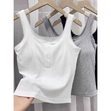 批发蕾丝纽扣带胸垫一体吊带背心女春夏新款大码外穿内搭修身打底内衣