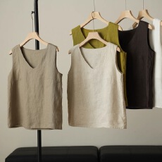 批发100<b class='q'>棉麻</b>v领宽松吊带背心女新款大码胖mm外穿内搭打底无袖上衣夏