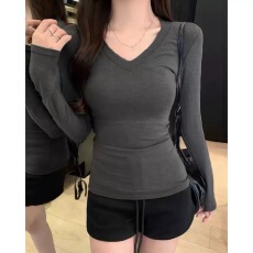 批发40支92棉v领长袖T恤打底衫女春秋季<b class='q'>大码</b>胖mm修身内搭百搭正肩上衣