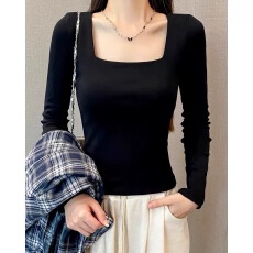 批发40支92棉春秋方领长袖T恤打底衫女<b class='q'>大码</b>胖mm内搭修身百搭正肩上衣