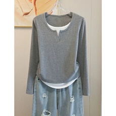 批发40支92棉假两件长袖打底衫女春秋季新款<b class='q'>大码</b>胖mm内搭正肩T恤上衣