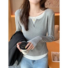 批发40支92棉假两件长袖打底衫女春秋季新款<b class='q'>大码</b>胖mmT恤内搭正肩上衣