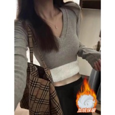 批发加绒加厚长袖打底衫女秋冬季v领新款修身<b class='q'>大码</b>胖mm保暖<b class='q'>内衣</b>T恤上衣