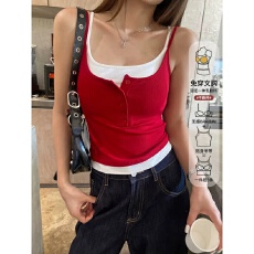批发春夏红色带胸垫大码吊带背心女外穿新款<b class='q'>假两件</b>内搭打底无袖小<b class='q'>上衣</b>