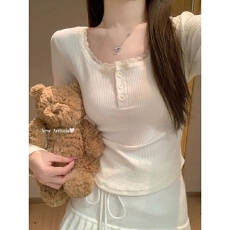 批发40支92棉蕾丝纽扣长袖打底衫女春秋大码胖mm纯欲修身内搭<b class='q'>T</b><b class='q'>恤</b>上衣