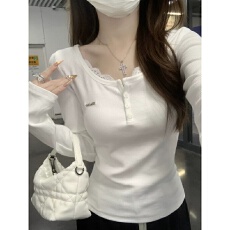 批发40支92棉蕾丝纽扣长袖<b class='q'>T</b><b class='q'>恤</b>打底衫女春秋新款大码胖mm修身内搭上衣