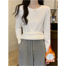 批发秋冬季大码长袖保暖打底衫女加绒加厚内搭百搭修身圆领T恤上衣