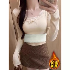 批发冬季蕾丝加绒加厚长袖打底衫女大码胖mm修身内搭打底德绒保暖上衣
