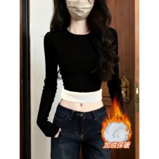 批发秋冬季圆领长袖保暖打底衫女<b class='q'>大码</b>加绒加厚修身内搭百搭T恤上衣
