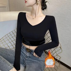 批发秋冬季加绒加厚v领长袖<b class='q'>打底衫</b>女新款大码胖mm保暖内衣修身T恤上衣