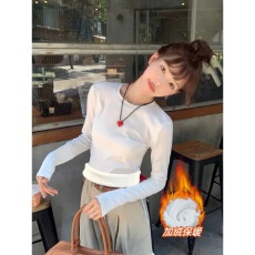 批发秋冬季圆领长袖保暖打底衫女大码加绒加厚百搭内搭修身T恤上衣