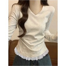 批发40支92棉V领长袖打底衫<b class='q'>女</b>春秋季大码修身收腰褶皱内搭正肩<b class='q'>T</b><b class='q'>恤</b>上衣