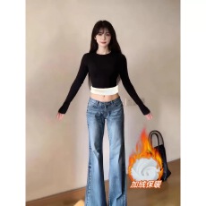 批发秋冬季圆领长袖保暖打底衫女大码加绒加厚修身百搭内搭T恤上衣