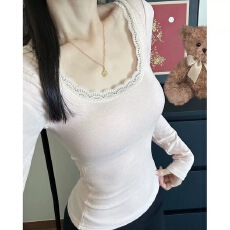 批发40支92棉春<b class='q'>秋</b>蕾丝长袖打底衫女大码胖mm修身内搭外穿正肩T恤上衣