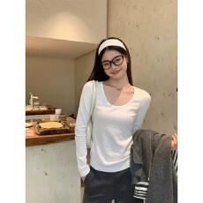 批发40支92棉U领长袖<b class='q'>打底衫</b>女春秋季<b class='q'>大码</b>胖mm修身纯色正肩T恤内搭上衣