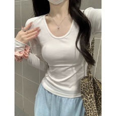 40支92棉春秋季U领长袖打底衫女大码胖mm内搭修身T恤纯色正肩上衣