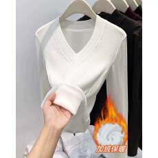批发冬季V领加绒加厚长袖打底衫女<b class='q'>大码</b>修身T恤保暖内搭打底德绒上衣