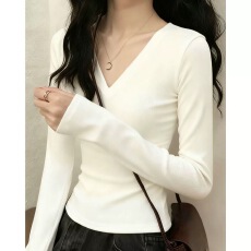 批发40支92棉春秋季v领长袖T恤打底衫女<b class='q'>大码</b>胖mm百搭修身内搭正肩上衣