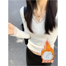 批发秋冬季<b class='q'>蕾丝</b>V领加绒加厚长袖<b class='q'>打底衫</b>女大码德绒保暖内搭T恤修身上衣