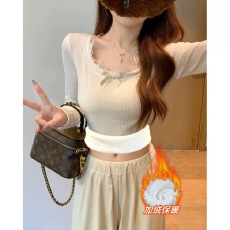 批发冬季蕾丝加绒加厚长袖打底衫女大码胖mm修身内搭德绒保暖打底上衣