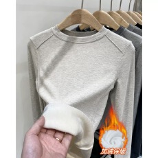 批发加绒加厚圆领长袖打底衫女秋冬新款大码胖mm保暖修身内搭T恤上衣