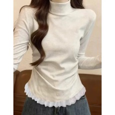 批发蕾丝半高领长袖打底衫女春秋季新款大码胖mm内搭<b class='q'>修身</b>外穿T恤上衣