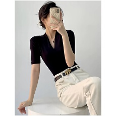 批发40支92棉v领<b class='q'>中袖</b>正肩T恤女春秋季大码胖mm修身打底衫五分半袖<b class='q'>上衣</b>