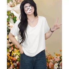 批发260克人棉宽松V领T恤内搭打底衫女春季大码<b class='q'>胖</b>mm<b class='q'>休闲</b>百搭短袖上衣