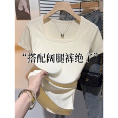 批发40支92棉方领短袖T恤女夏季新款大码<b class='q'>胖</b>mm<b class='q'>修身</b>收腰辣妹正肩上衣