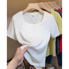 批发40支92棉方领短袖T恤女夏季大码<b class='q'>胖</b>mm<b class='q'>修身</b>漏锁骨纯色简约正肩上衣