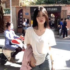 批发260克人棉宽松T恤内搭打底衫女春季大码<b class='q'>胖</b>mm<b class='q'>休闲</b>百搭短袖V领上衣