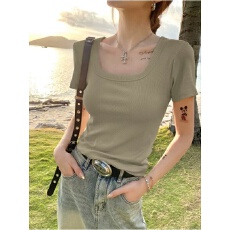 批发40支92棉方领短袖T恤女夏季大码<b class='q'>胖</b>mm<b class='q'>修身</b>漏锁骨简约正肩纯色上衣