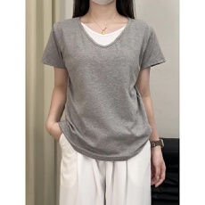 批发棉麻冰丝假两件v领短袖t恤女夏季大码<b class='q'>胖</b>m慵懒宽松休闲老钱风上衣