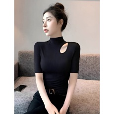 批发春夏半高领镂空中袖t恤女<b class='q'>大码</b>胖mm内搭修身五分袖打底衫半袖上衣