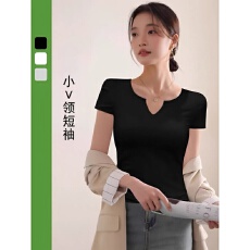 批发40支92棉小V领短袖t恤女夏季大码胖mm低领修身<b class='q'>打底衫</b>纯色显瘦上衣