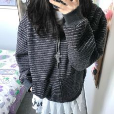批发-美式复古条纹卫衣外套女早秋穿搭帽衫宽松显瘦连帽上衣开衫