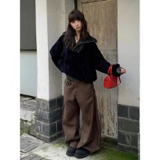 批发-仿水貂毛坑条针织衫女冬新款肌理感毛衣外套<b class='q'>街头</b>风翻领上衣