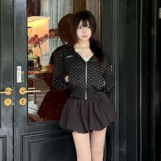 批发-美式复古波点满印连帽<b class='q'>短款</b><b class='q'>卫衣</b>女秋季简约休闲百搭开衫外套