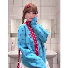 批发-美式复古波点圆领开衫<b class='q'>毛衣</b>外套早秋短款软糯慵懒风针织衫上衣