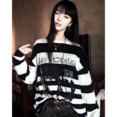 批发-y2k<b class='q'>街头</b>风条纹针织衫女秋亚文化长袖毛衣视觉系百搭上衣ins