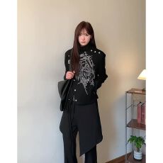 批发-美式朋克亚文化夹克外套女秋金属铆钉排扣设计感上衣视觉系