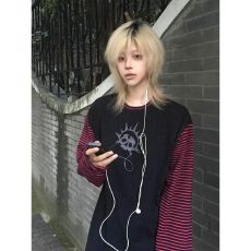 批发-y2k亚文化长袖t恤女秋撞色拼接条纹<b class='q'>体恤</b>街头风宽松情侣上衣