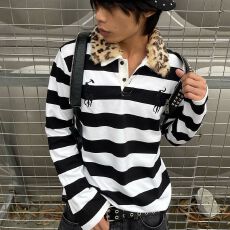 批发-美式复古设计条纹毛领polo领长袖<b class='q'>T</b><b class='q'>恤</b>女小春秋宽松高级感上衣