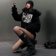 批发-美式复古毛领连帽卫衣女春秋<b class='q'>新款</b>宽松印花拉链开衫外套上衣